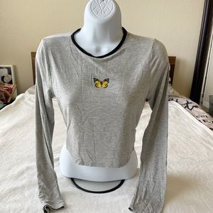 Grey Butterfly Long Sleeve Crop Top
